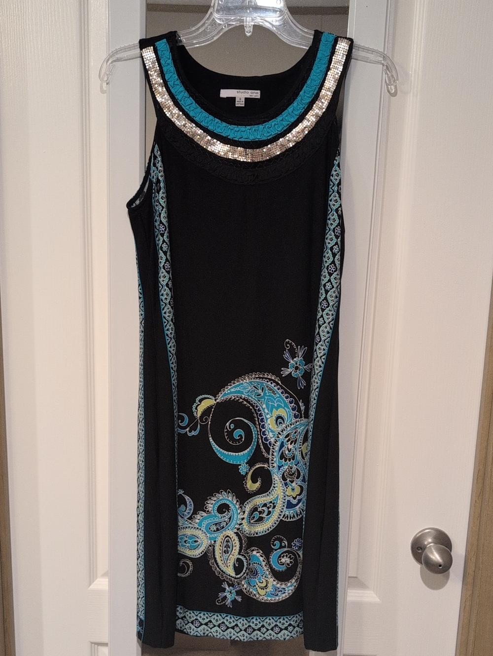 Studio One Black Dress with Teal and Aqua Paisley Embellishment
